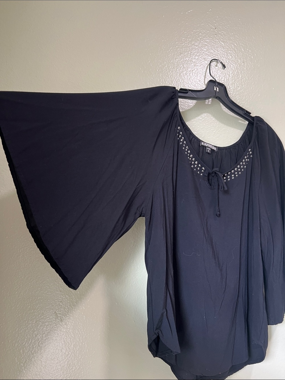Express Black Studded Peasant Tunic with Tie Neck